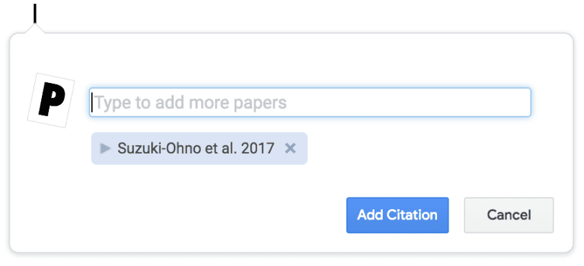 The citation window with one reference added as a blue tag reading “Suzuki-Ohno et al. 2017”, a “Type to add more papers” field above it, and “Add Citation” and Cancel buttons.